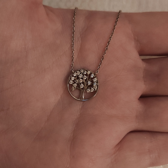 White Gold And Sapphire Round Tree Of Life Pendant Necklace - Brand New - Picture 3 of 3